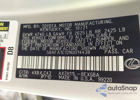 2022 Lexus Es 300H Ultra Luxury z USA, uszkodzony, nr VIN 58AFA1C12NU014438